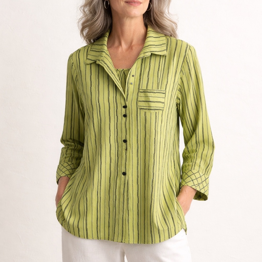 Habitat Lime green Black Striped Shirt Lagenlook tunic sz M button front top